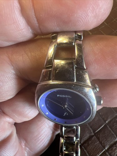 Fossil Kaleido Watch Women Silver Tone Purple Dial Round New Battery 6.5" 23mm