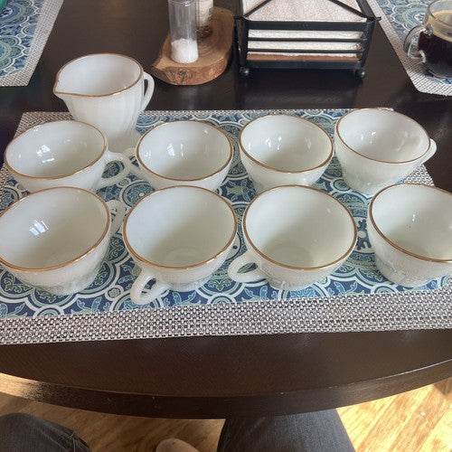 9pc Vintage Fire King Anchor Hocking Swirl Milk Glass Coffee Cup Gold Rim 2.7"