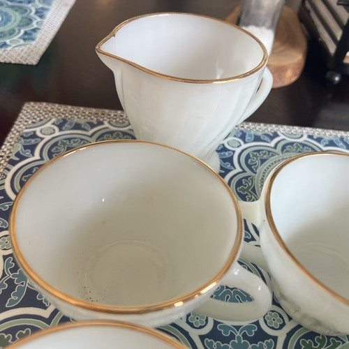 9pc Vintage Fire King Anchor Hocking Swirl Milk Glass Coffee Cup Gold Rim 2.7"