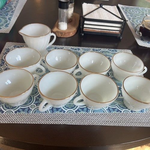 9pc Vintage Fire King Anchor Hocking Swirl Milk Glass Coffee Cup Gold Rim 2.7"