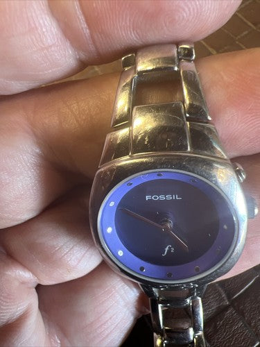 Fossil Kaleido Watch Women Silver Tone Purple Dial Round New Battery 6.5" 23mm