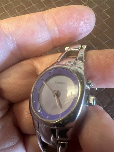 Fossil Kaleido Watch Women Silver Tone Purple Dial Round New Battery 6.5" 23mm