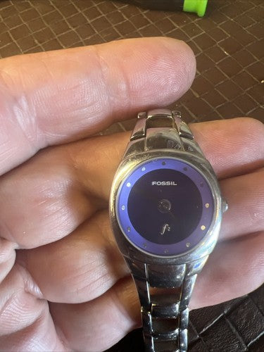 Fossil Kaleido Watch Women Silver Tone Purple Dial Round New Battery 6.5" 23mm