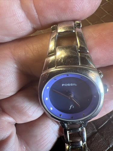 Fossil Kaleido Watch Women Silver Tone Purple Dial Round New Battery 6.5" 23mm