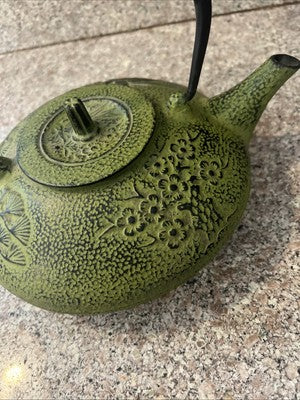 Japanese Cast Iron Tetsubin Tea Pot Kettle Green Bamboo Loose Leaf Infuser