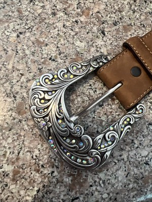 Tony Lama Womens Rhinestone Bling Hearts Tooled Western Leather Belt Size 30 Gr8
