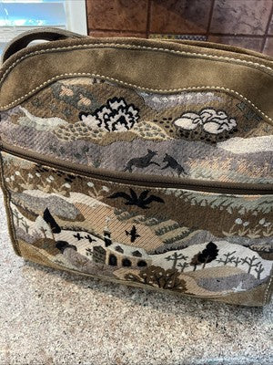 1970s The French Co Unicorn Countryside Vintage Suede and Tapestry Travel Bag
