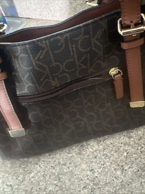 Calvin Klein Studded Double Handled Monogram Shoulder Handbag, Brown/Tan Leather