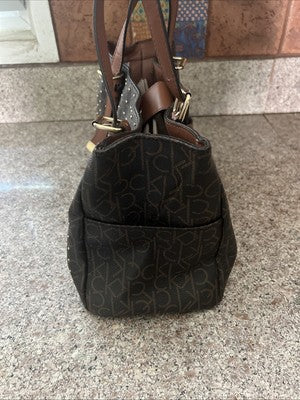 Calvin Klein Studded Double Handled Monogram Shoulder Handbag, Brown/Tan Leather