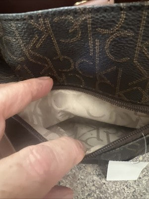 Calvin Klein Studded Double Handled Monogram Shoulder Handbag, Brown/Tan Leather