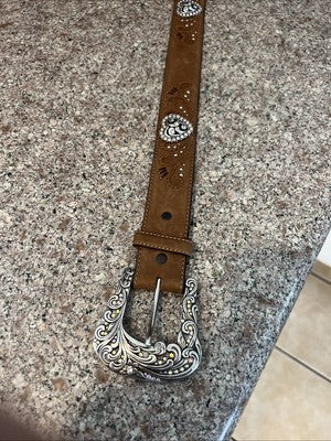 Tony Lama Womens Rhinestone Bling Hearts Tooled Western Leather Belt Size 30 Gr8