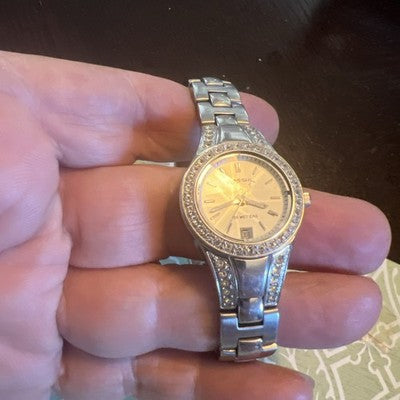 Fossil Blue AM-4026 Rhinestone Faceted Crystal Mother Of Pearl Face 10 ATM Watch