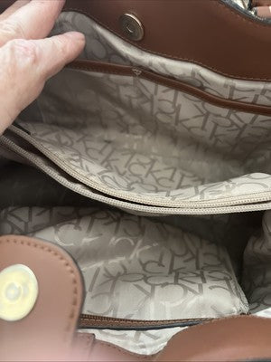 Calvin Klein Studded Double Handled Monogram Shoulder Handbag, Brown/Tan Leather