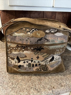 1970s The French Co Unicorn Countryside Vintage Suede and Tapestry Travel Bag