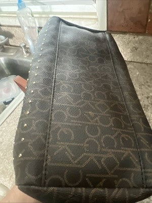 Calvin Klein Studded Double Handled Monogram Shoulder Handbag, Brown/Tan Leather