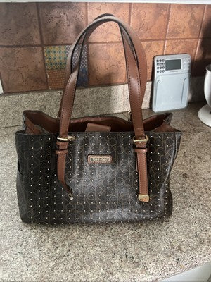 Calvin Klein Studded Double Handled Monogram Shoulder Handbag, Brown/Tan Leather