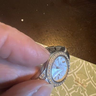 Fossil Blue AM-4026 Rhinestone Faceted Crystal Mother Of Pearl Face 10 ATM Watch