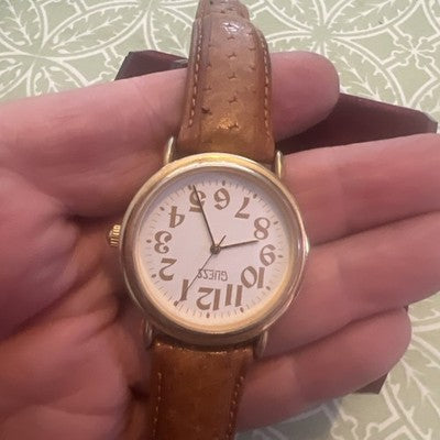 Guess 1989 Women White Dial Brown Leather Strap 34mm Quartz Ana Watch 7 1/2"