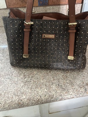 Calvin Klein Studded Double Handled Monogram Shoulder Handbag, Brown/Tan Leather