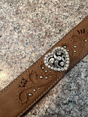 Tony Lama Womens Rhinestone Bling Hearts Tooled Western Leather Belt Size 30 Gr8