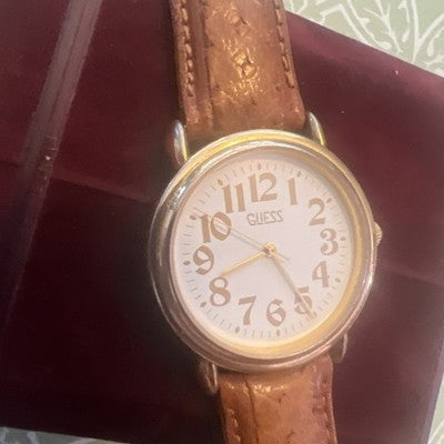 Guess 1989 Women White Dial Brown Leather Strap 34mm Quartz Ana Watch 7 1/2"