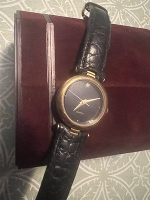 Vtg Pierre Cardin Ladies 25mm Watch Gold Tone Black Dial Swiss - RUNS GR8