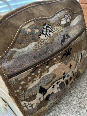1970s The French Co Unicorn Countryside Vintage Suede and Tapestry Travel Bag