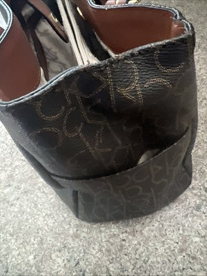 Calvin Klein Studded Double Handled Monogram Shoulder Handbag, Brown/Tan Leather