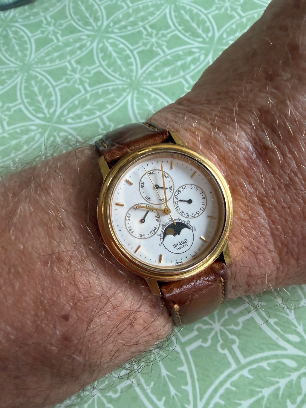 Vintage Image Watch Moonphase Triple Calendar Gold Tone Quartz Dress Watch