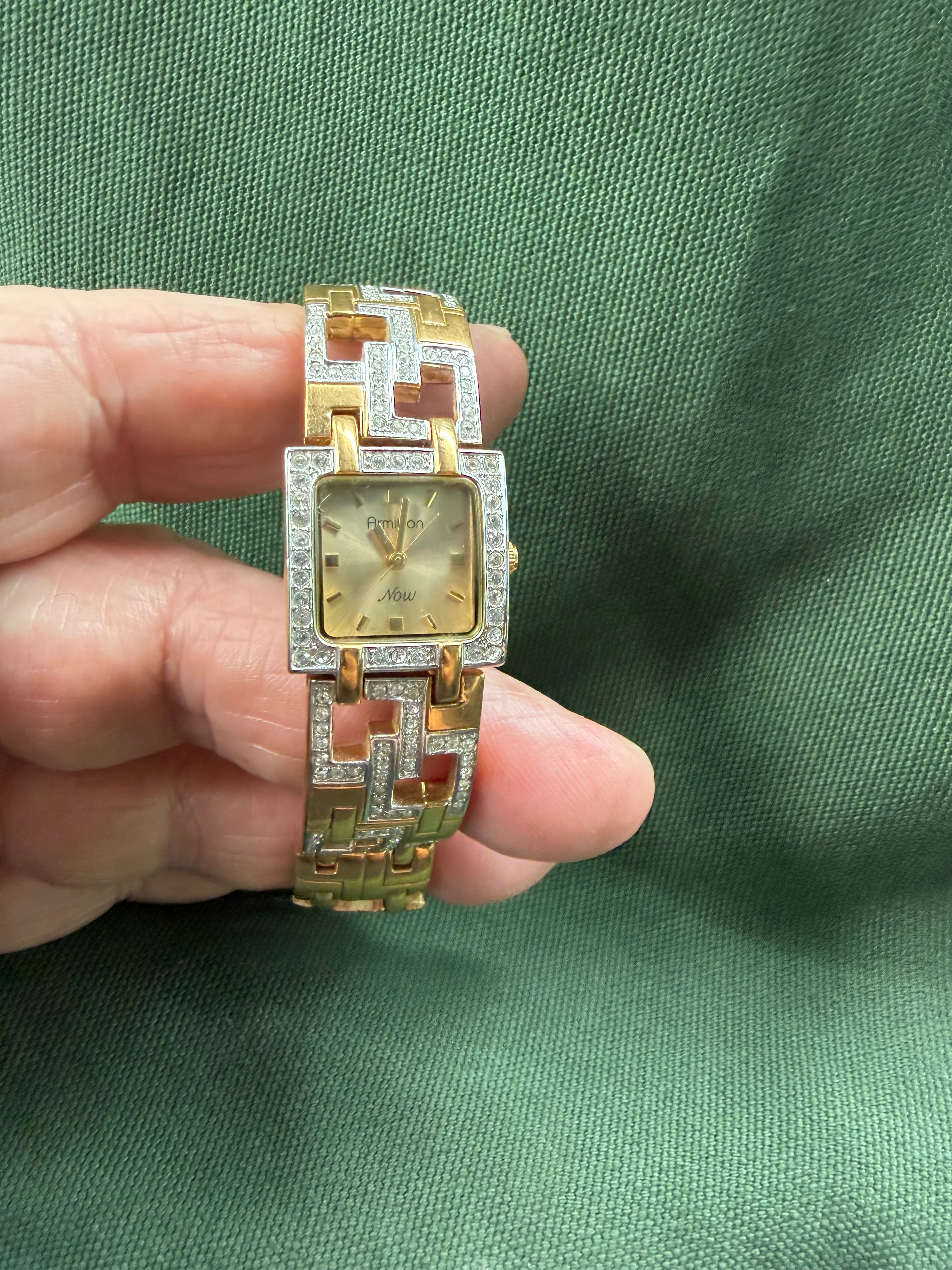 Vintage Ladies Armitron Gold Tone Crystal Accent Watch