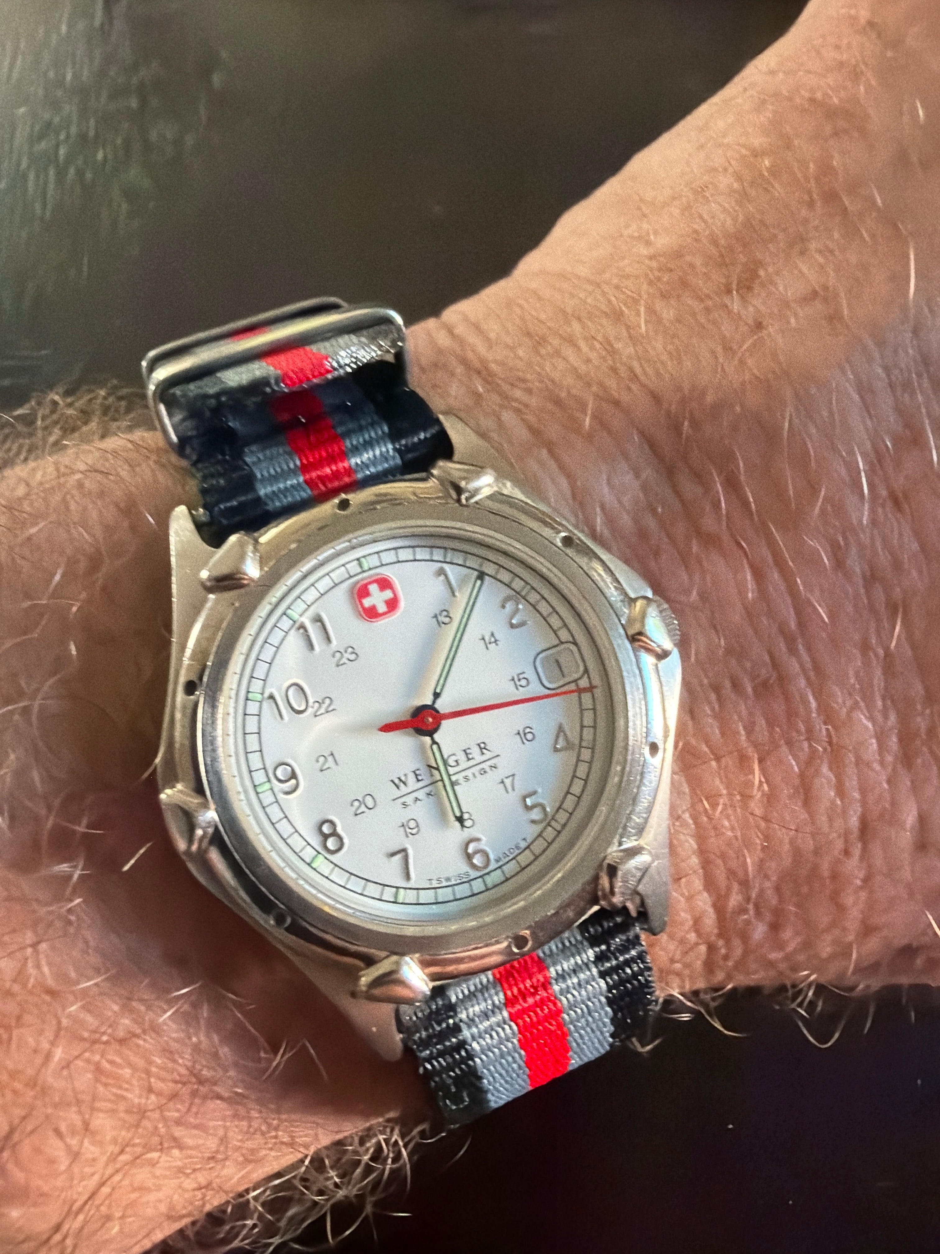 Vintage Wenger Swiss Military Swiss Made Field Watch red/gray/black nato