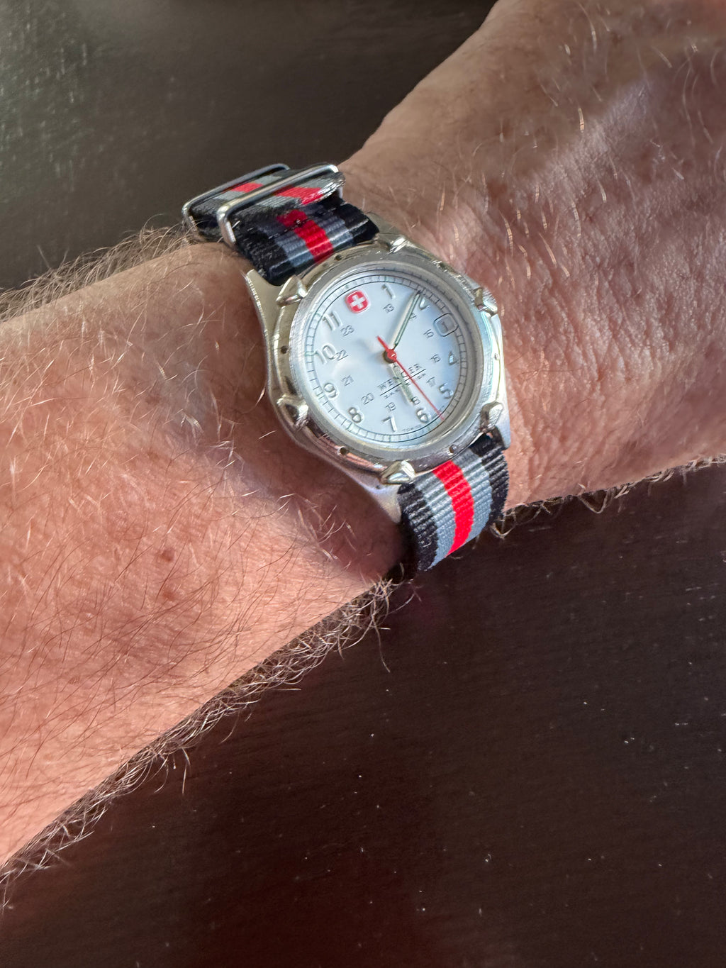 Vintage Wenger Swiss Military Swiss Made Field Watch red/gray/black nato