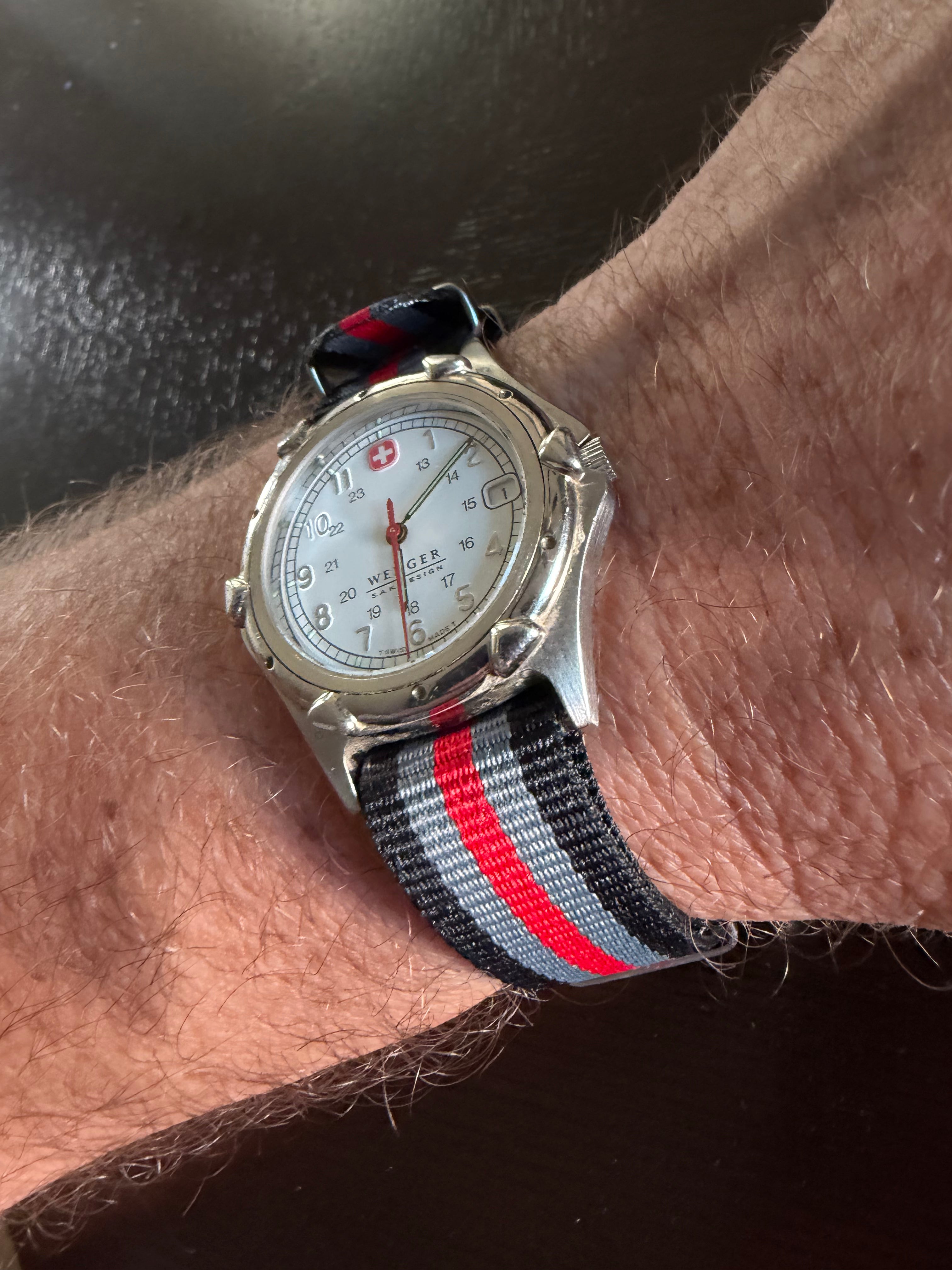 Vintage Wenger Swiss Military Swiss Made Field Watch red/gray/black nato