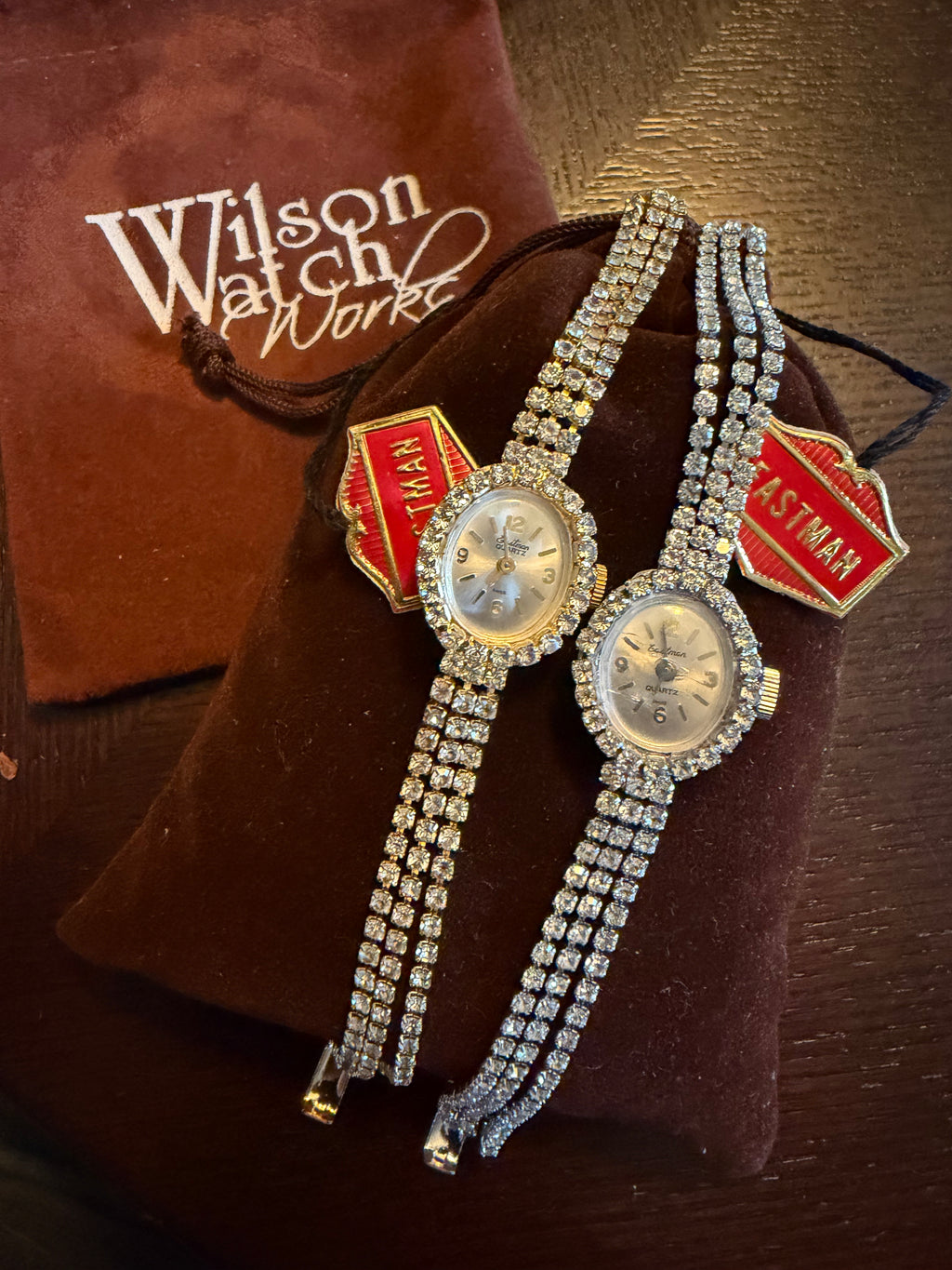 Pair of Vintage Eastman Swiss Quartz 1 gold tone, 1 silver toneRhinestone Bracelet Watch –  Ladies Dress Watch NOS