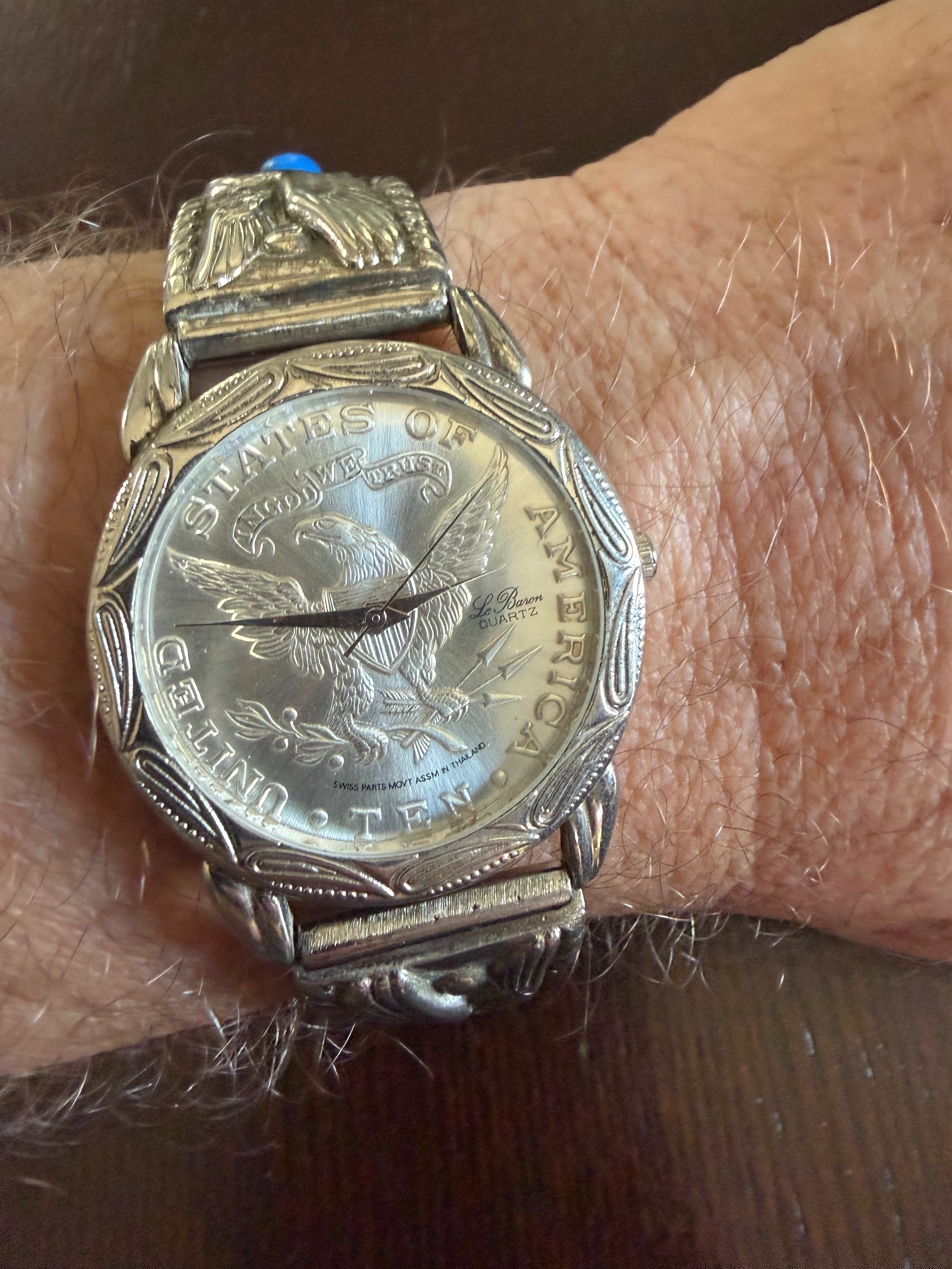 Le Baron Eagle Coin Dial Quartz Watch Southwest Cuff Bracelet