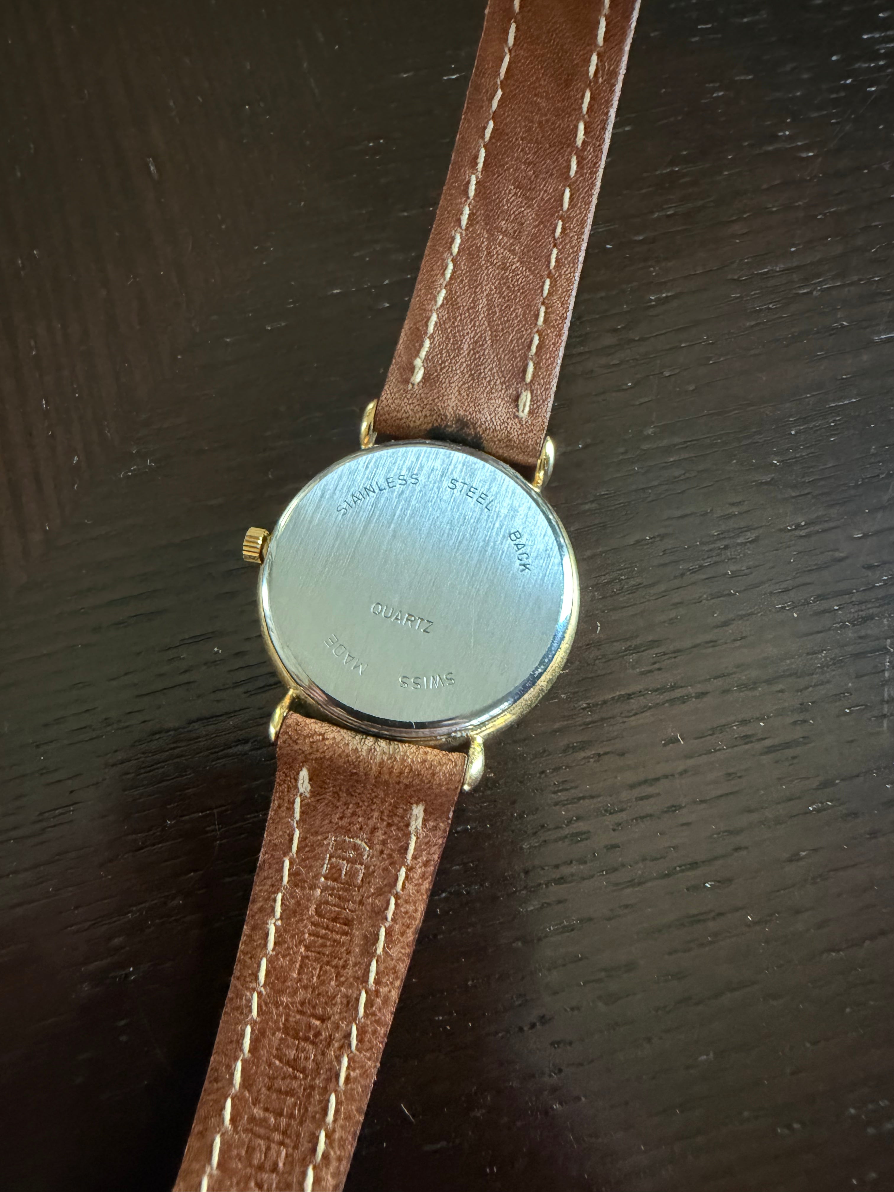 Mens vintage Orion Moon Phase Quartz Watch Roman Numeral Dial Swiss Made, Leather Strap