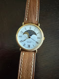 Mens vintage Orion Moon Phase Quartz Watch Roman Numeral Dial Swiss Made, Leather Strap