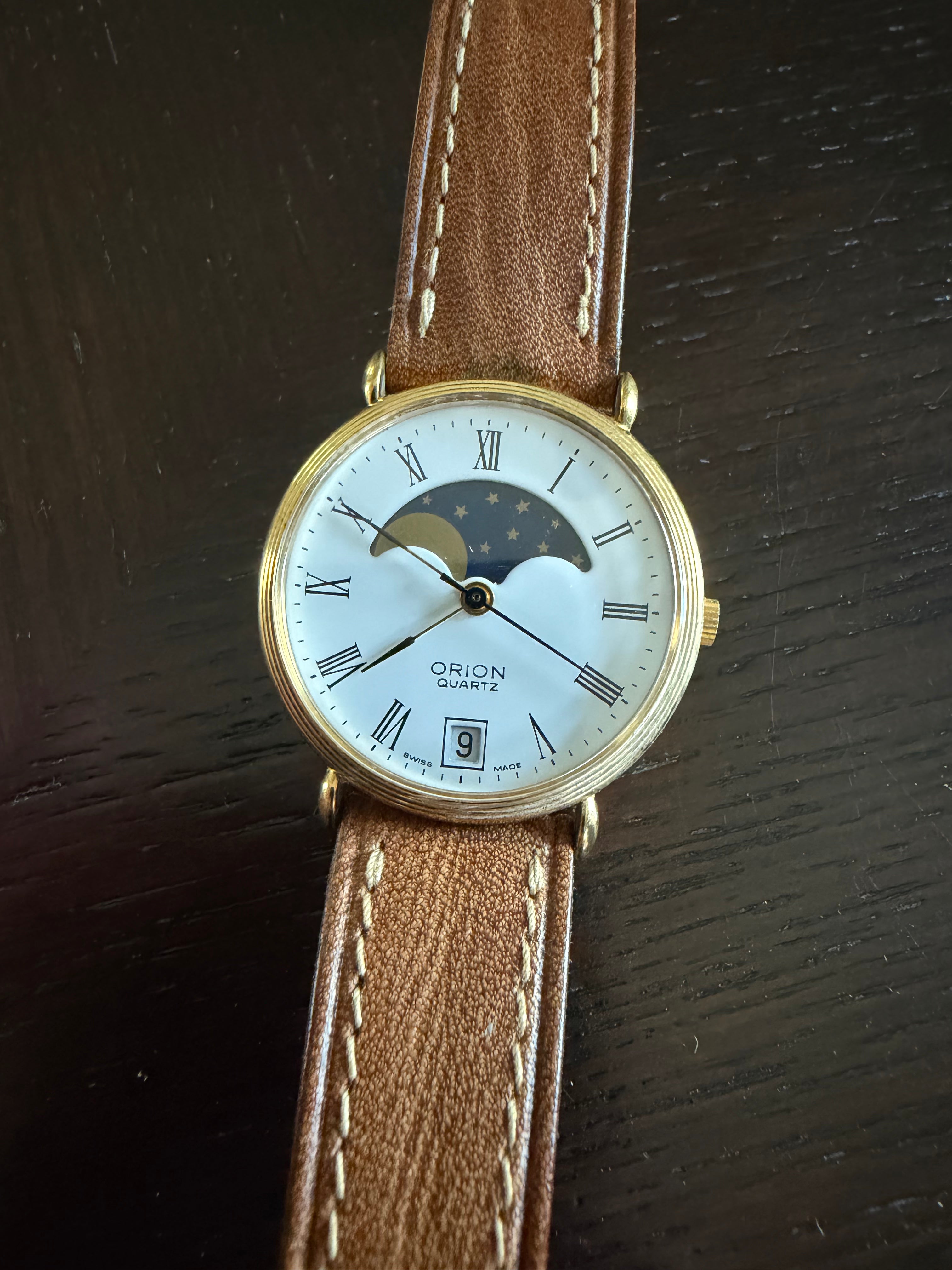 Mens vintage Orion Moon Phase Quartz Watch Roman Numeral Dial Swiss Made, Leather Strap