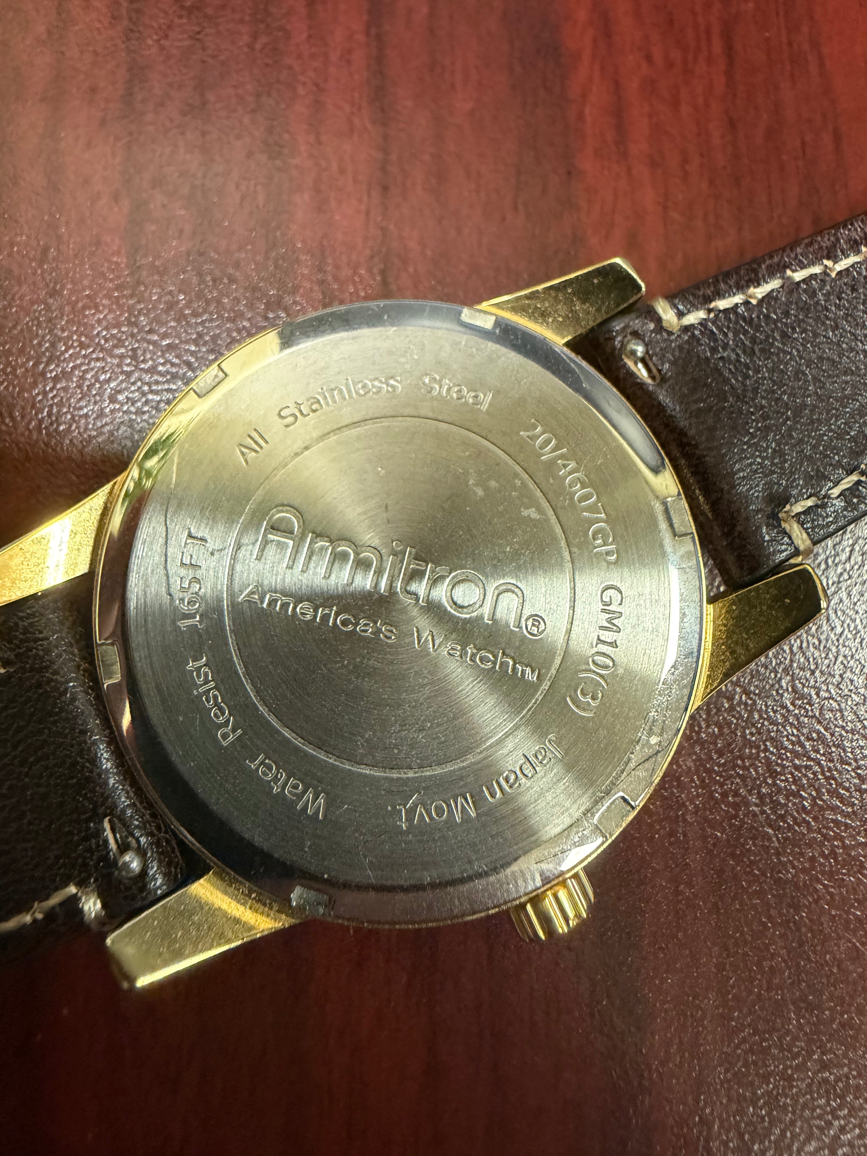 Armitron 20/4607GP Men’s Quartz Watch Gold Tone Date Window Brown Leather Strap New Battery