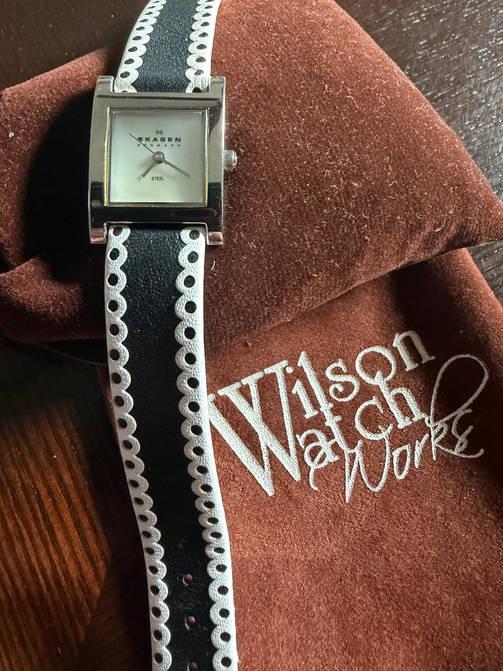 Skagen Denmark N228SSLB/W Ladies Square Watch Black White Leather Strap Quartz