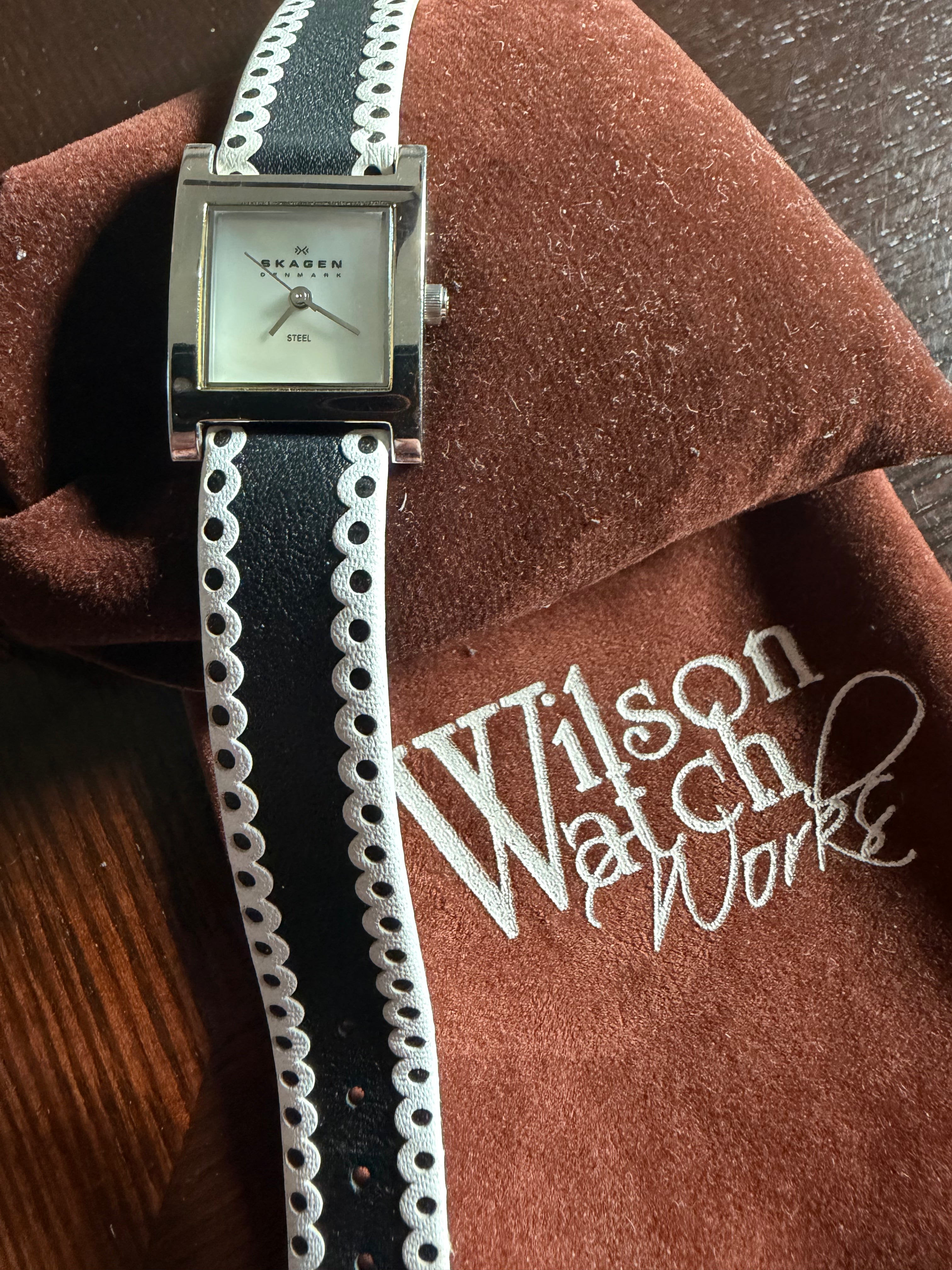 Skagen Denmark N228SSLB/W Ladies Square Watch Black White Leather Strap Quartz