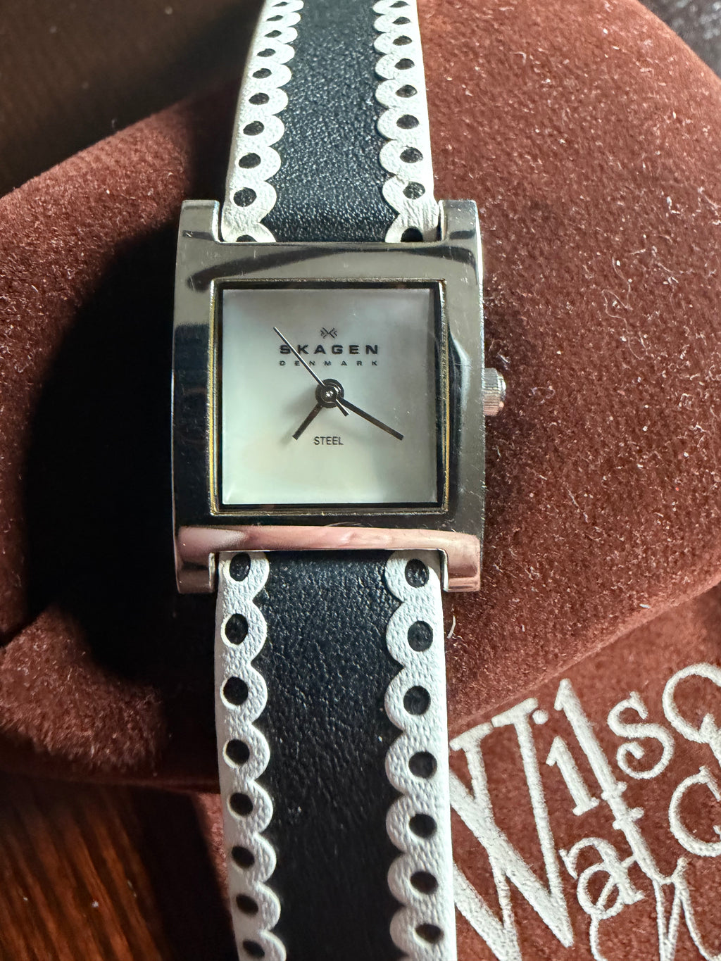 Skagen Denmark N228SSLB/W Ladies Square Watch Black White Leather Strap Quartz