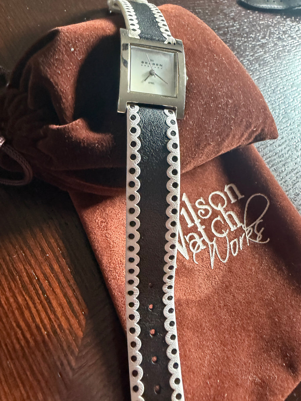 Skagen Denmark N228SSLB/W Ladies Square Watch Black White Leather Strap Quartz