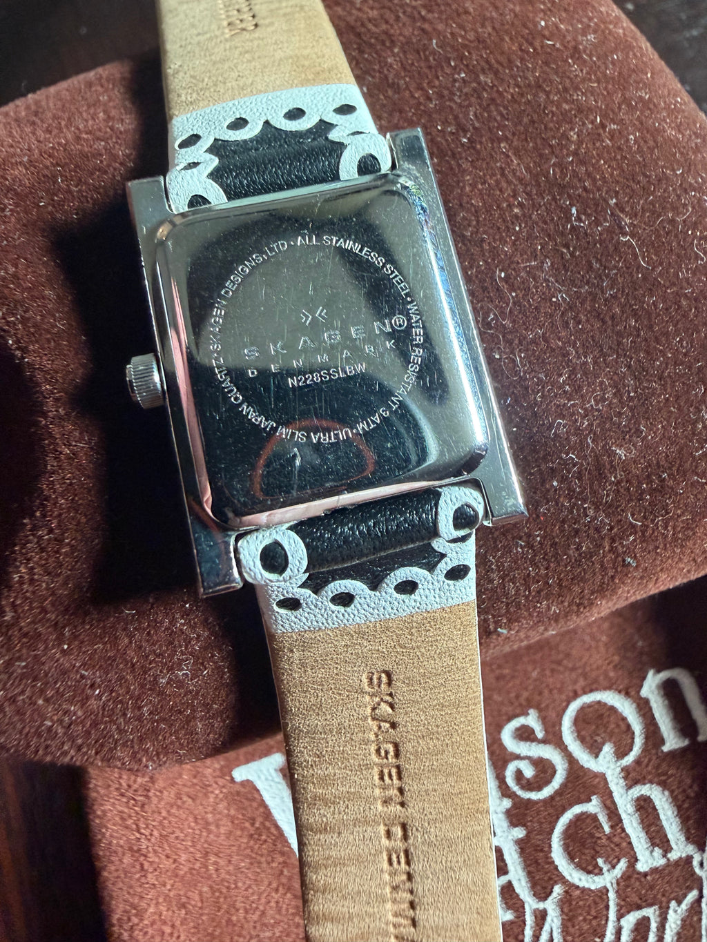 Skagen Denmark N228SSLB/W Ladies Square Watch Black White Leather Strap Quartz