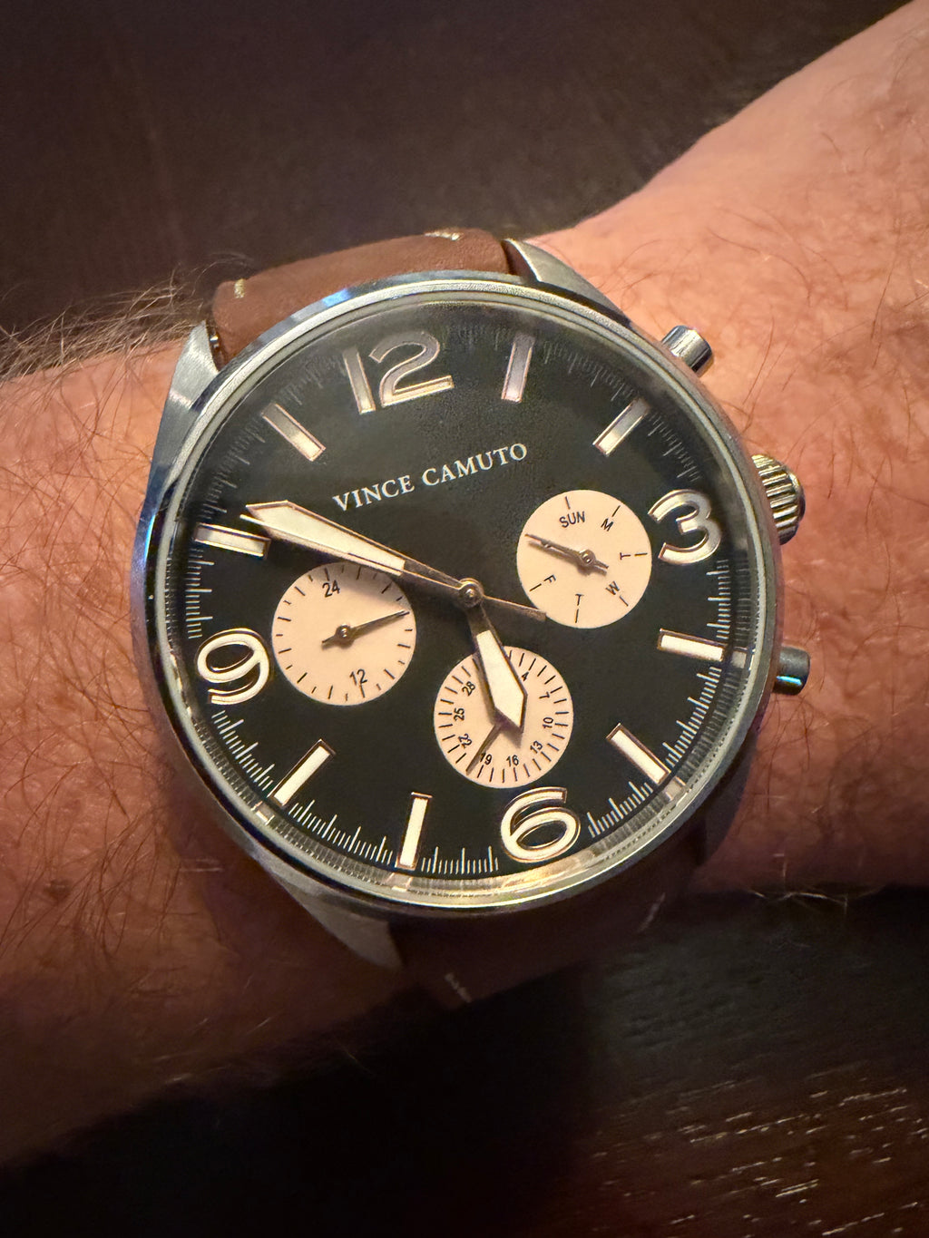 Vince Camuto VC/1102SV Men's Multifunction Watch Black Dial Brown Leather Watch 50M