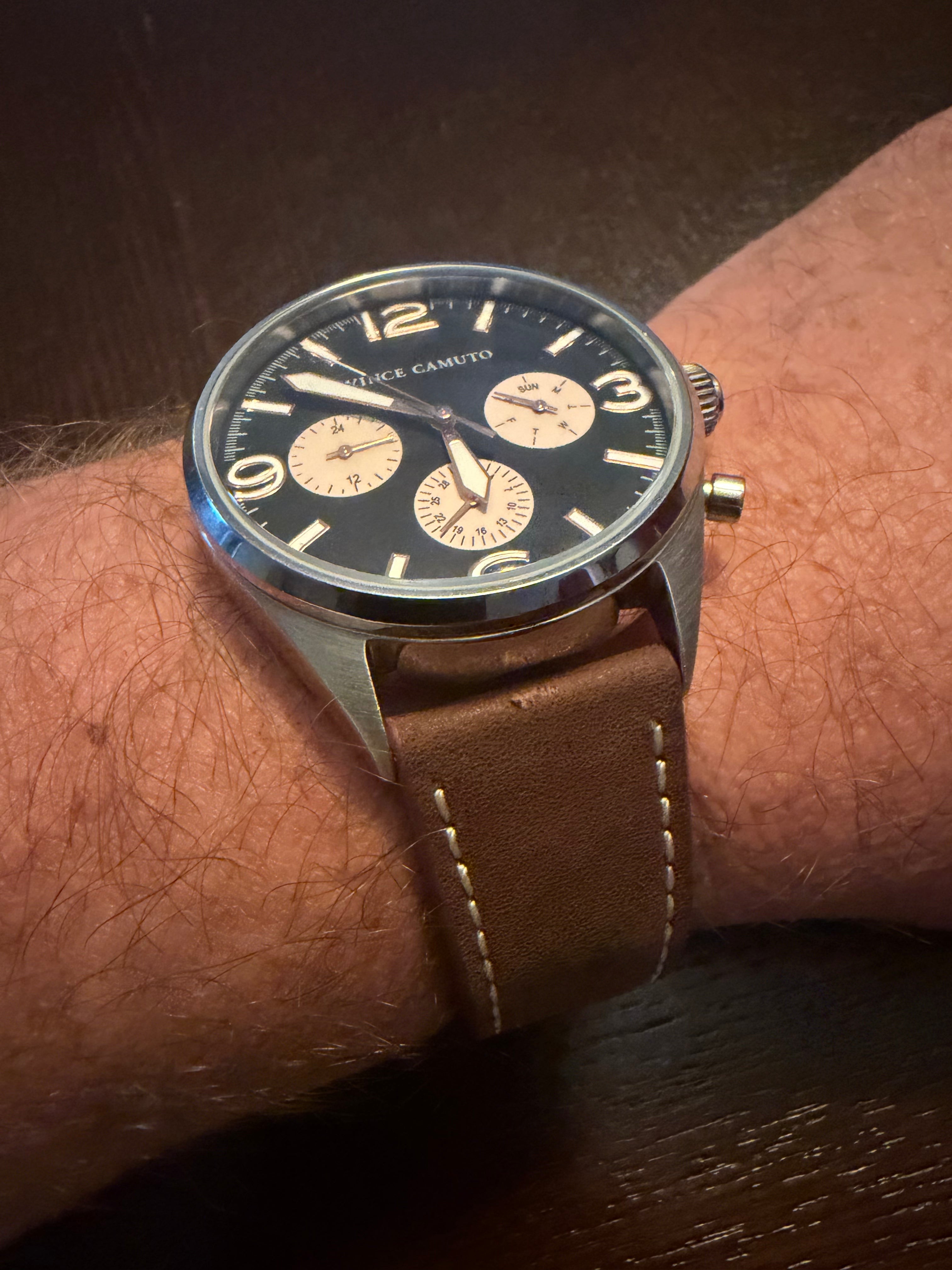 Vince Camuto VC/1102SV Men's Multifunction Watch Black Dial Brown Leather Watch 50M