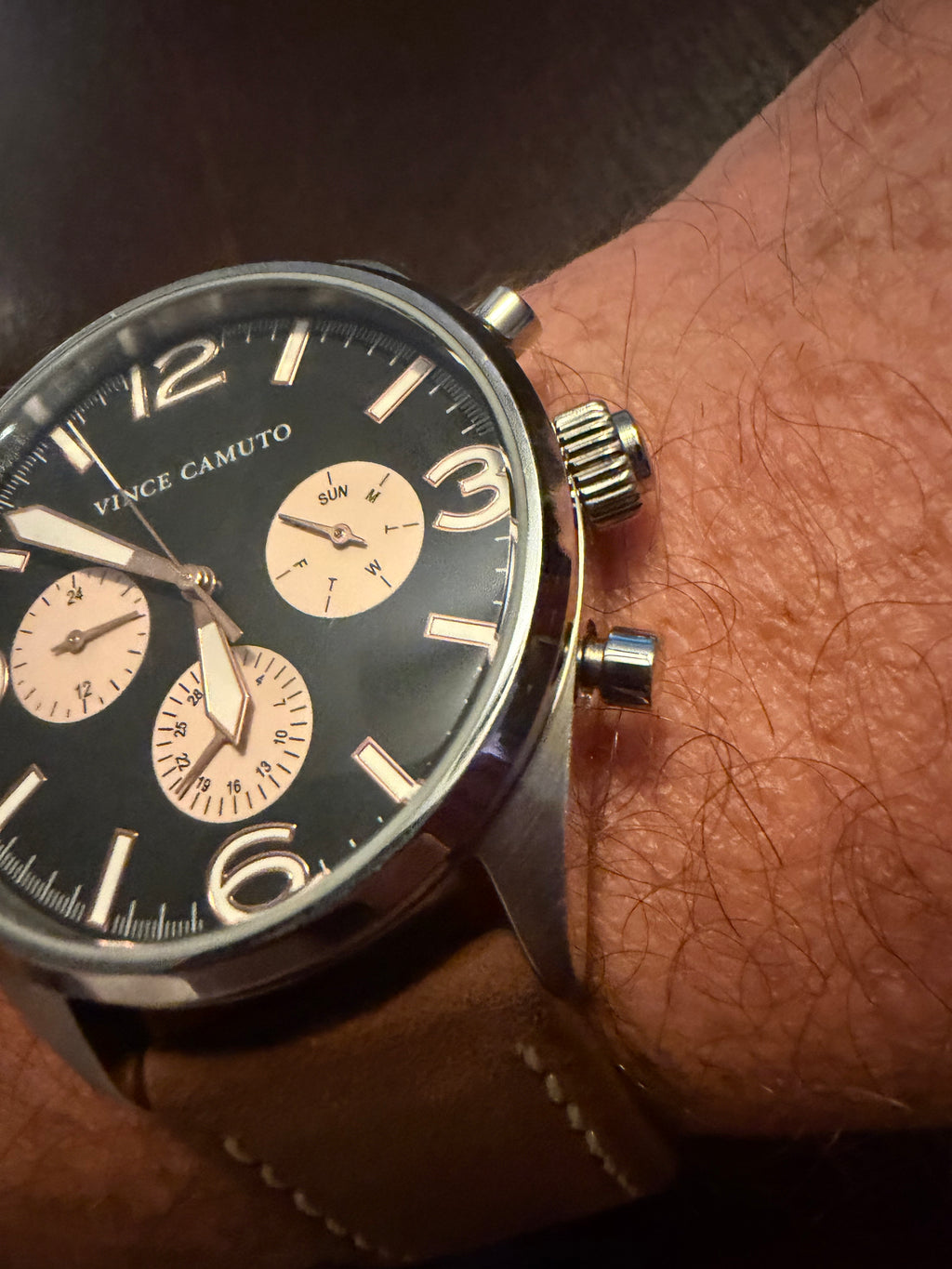 Vince Camuto VC/1102SV Men's Multifunction Watch Black Dial Brown Leather Watch 50M