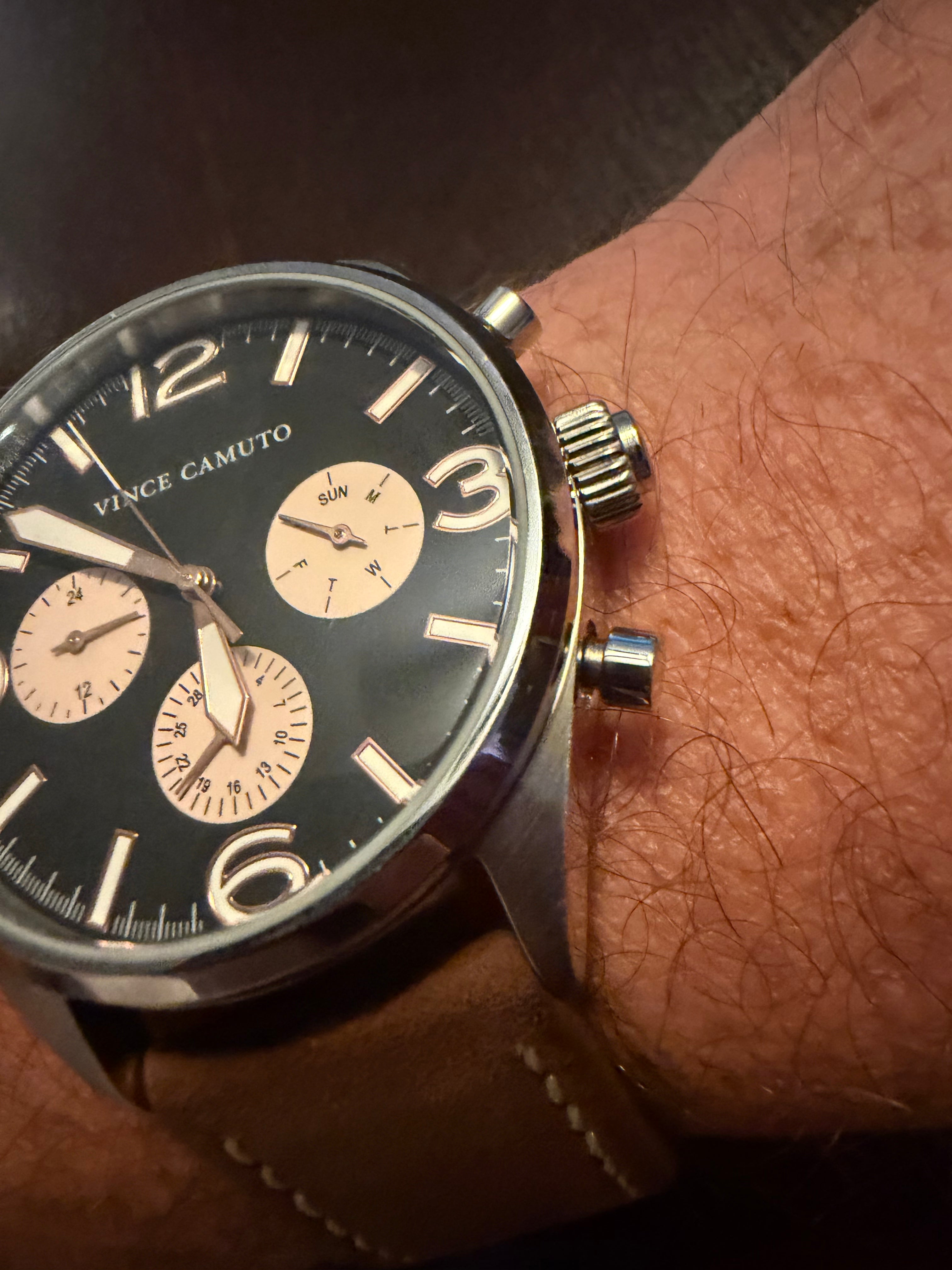 Vince Camuto VC/1102SV Men's Multifunction Watch Black Dial Brown Leather Watch 50M