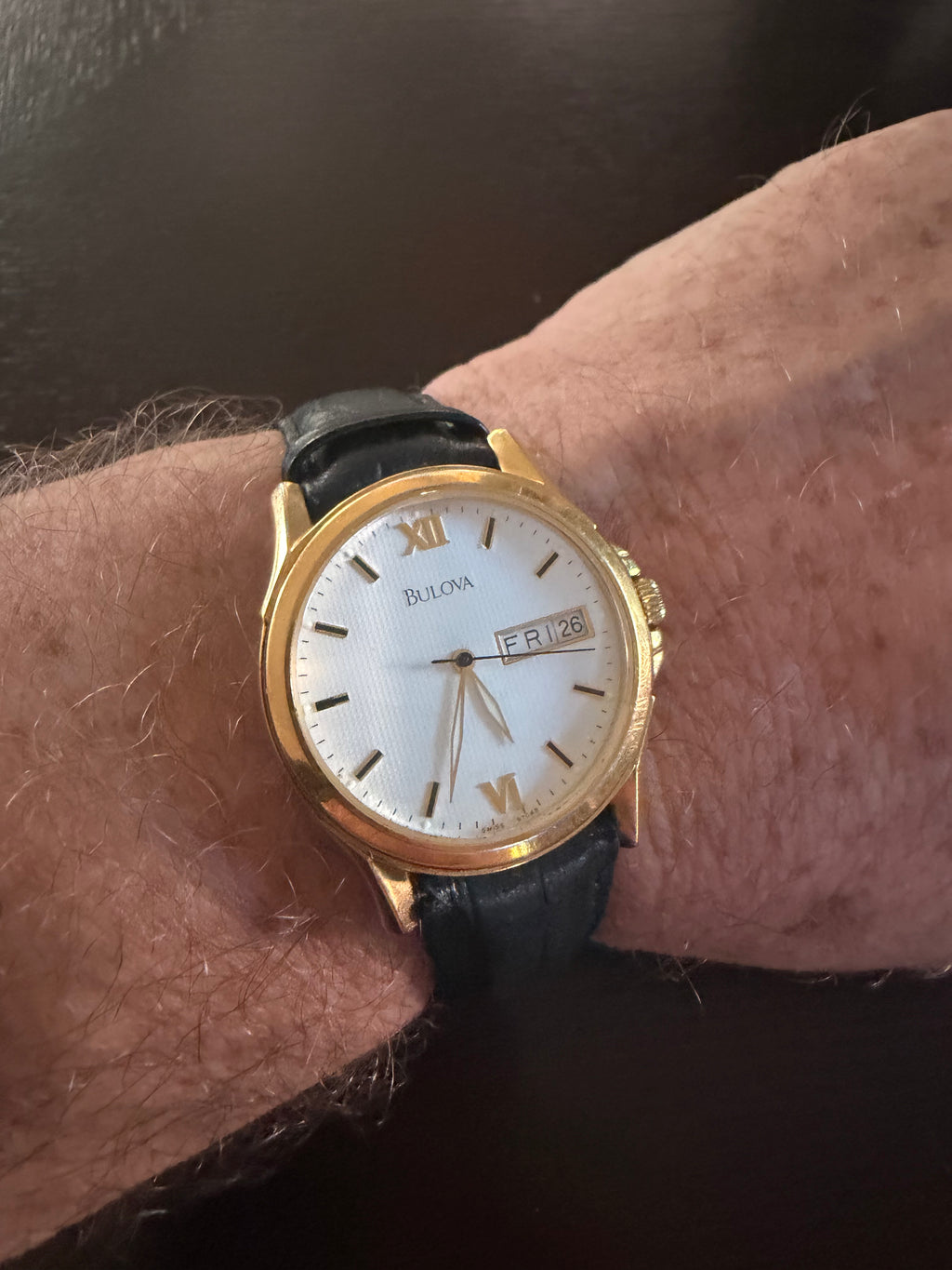 Bulova Men’s Gold Tone Quartz Dress Watch Day Date White Dial Black Leather Strap