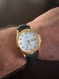 Bulova Men’s Gold Tone Quartz Dress Watch Day Date White Dial Black Leather Strap